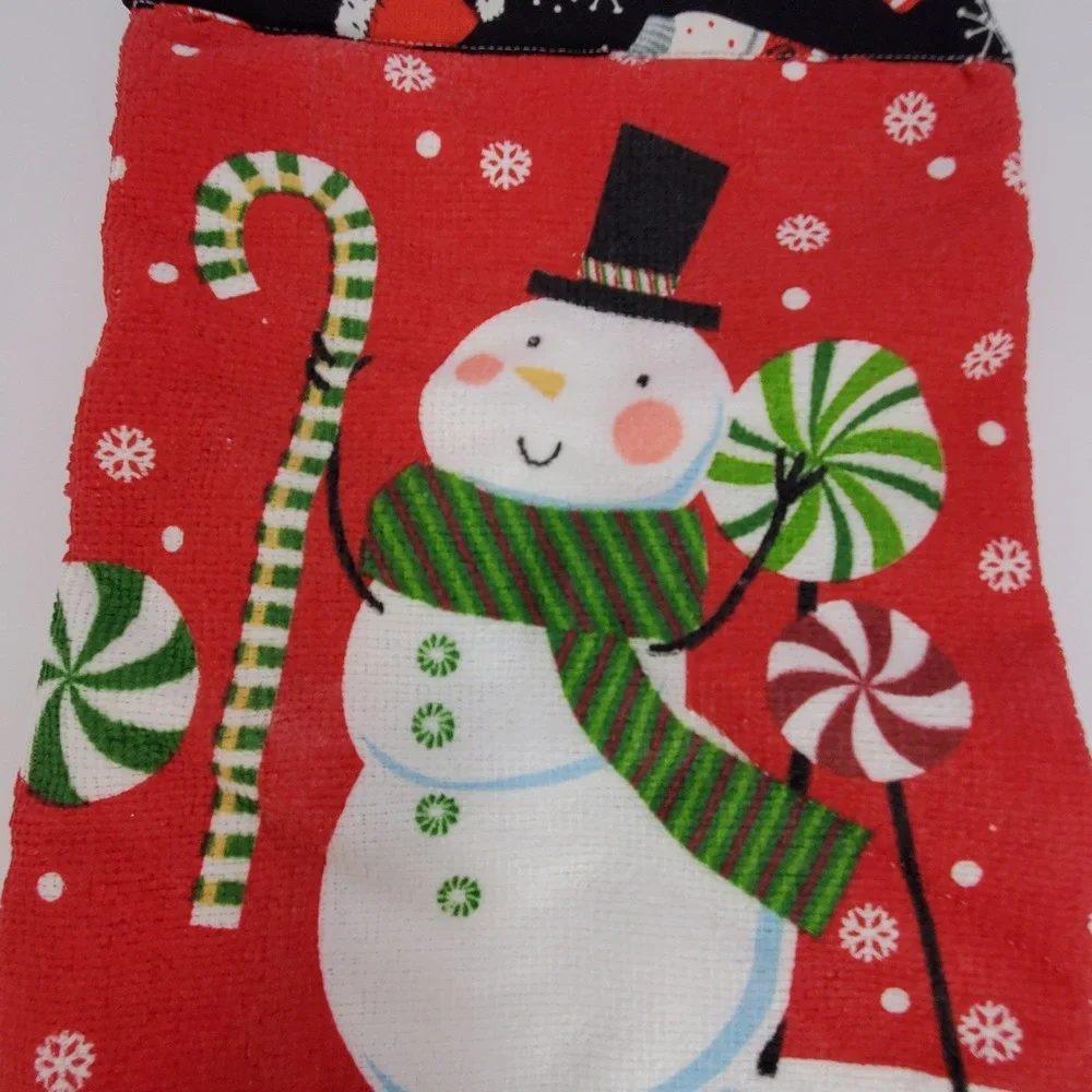 Handmade Christmas Snowman Hanging Kitchen Towel Red Waffle Weave Holiday Decor